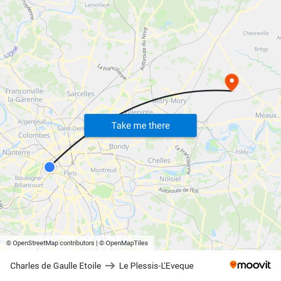 Charles de Gaulle Etoile to Le Plessis-L'Eveque map