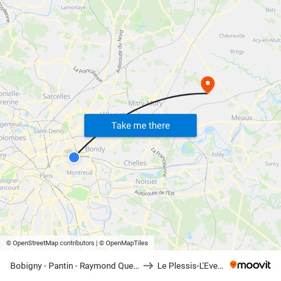 Bobigny - Pantin - Raymond Queneau to Le Plessis-L'Eveque map