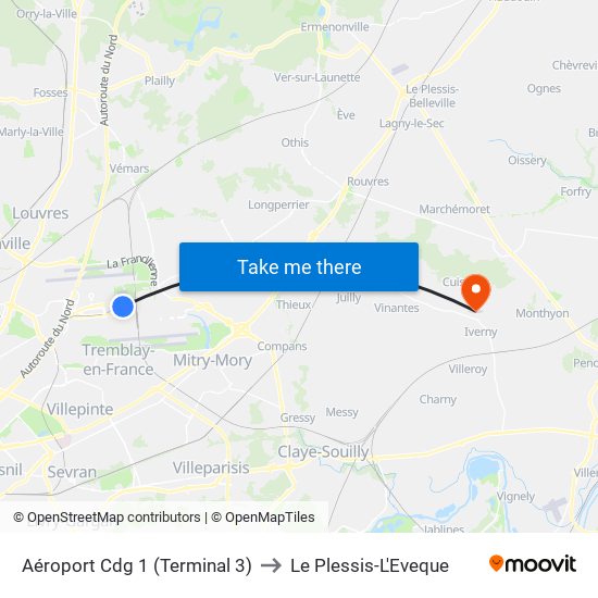 Aéroport Cdg 1 (Terminal 3) to Le Plessis-L'Eveque map