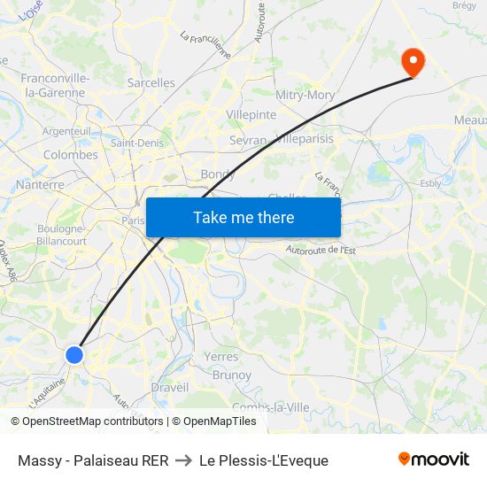 Massy - Palaiseau RER to Le Plessis-L'Eveque map
