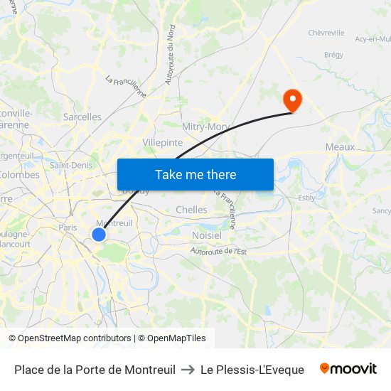 Place de la Porte de Montreuil to Le Plessis-L'Eveque map
