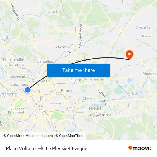 Place Voltaire to Le Plessis-L'Eveque map