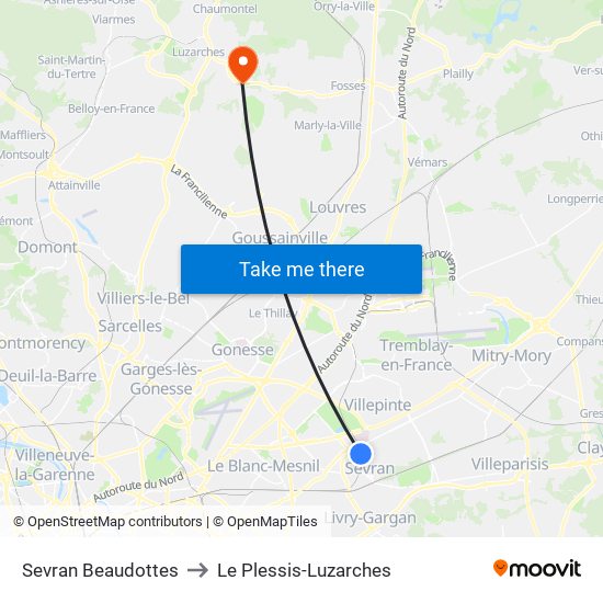 Sevran Beaudottes to Le Plessis-Luzarches map