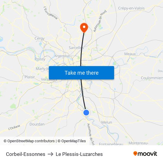 Corbeil-Essonnes to Le Plessis-Luzarches map