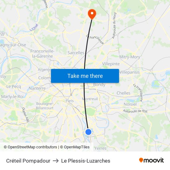 Créteil Pompadour to Le Plessis-Luzarches map