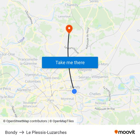 Bondy to Le Plessis-Luzarches map