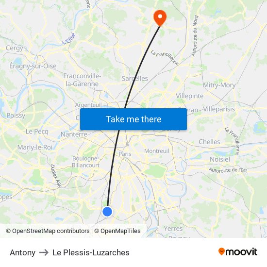 Antony to Le Plessis-Luzarches map