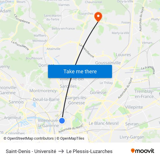 Saint-Denis - Université to Le Plessis-Luzarches map