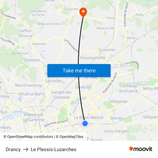 Drancy to Le Plessis-Luzarches map