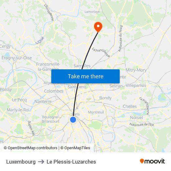 Luxembourg to Le Plessis-Luzarches map