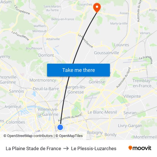 La Plaine Stade de France to Le Plessis-Luzarches map
