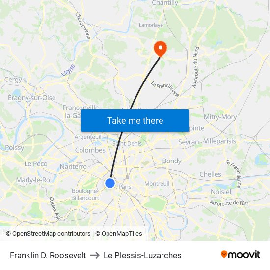 Franklin D. Roosevelt to Le Plessis-Luzarches map