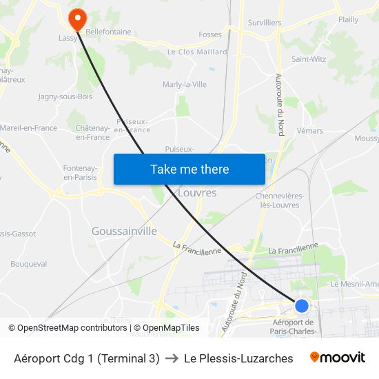 Aéroport Cdg 1 (Terminal 3) to Le Plessis-Luzarches map