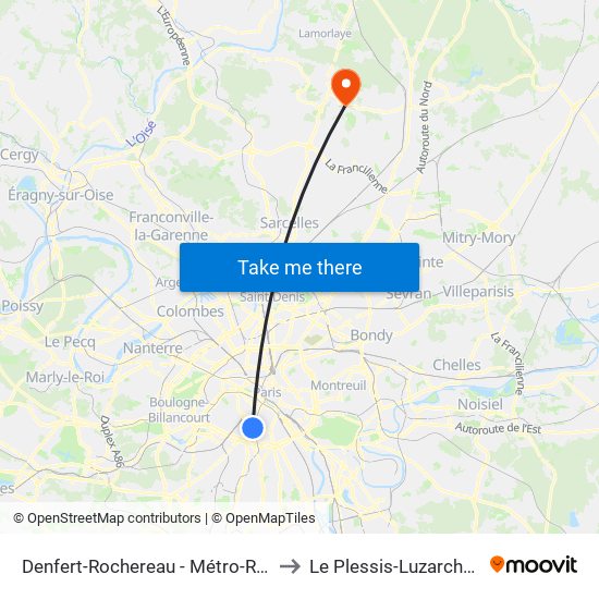 Denfert-Rochereau - Métro-Rer to Le Plessis-Luzarches map