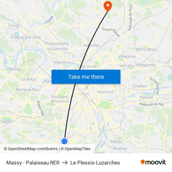 Massy - Palaiseau RER to Le Plessis-Luzarches map