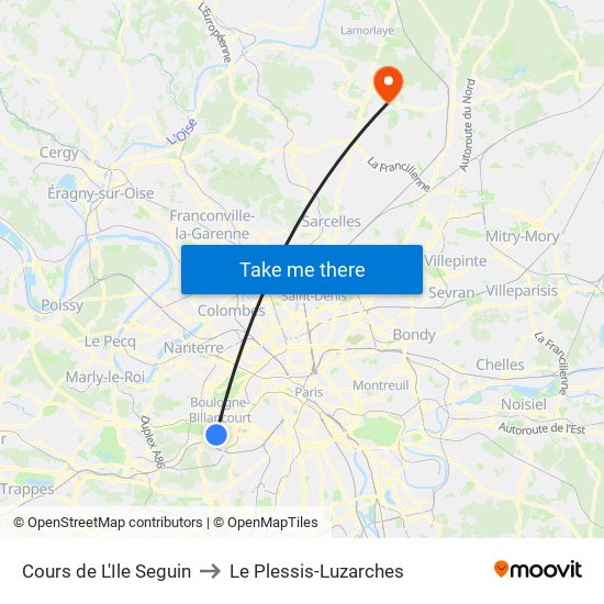 Cours de L'Ile Seguin to Le Plessis-Luzarches map