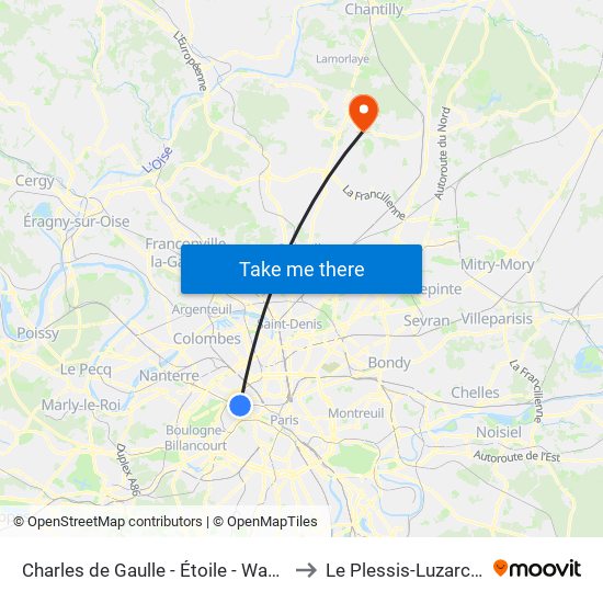 Charles de Gaulle - Étoile - Wagram to Le Plessis-Luzarches map