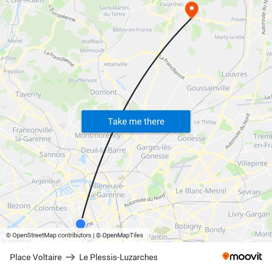 Place Voltaire to Le Plessis-Luzarches map