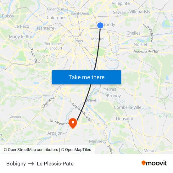 Bobigny to Le Plessis-Pate map