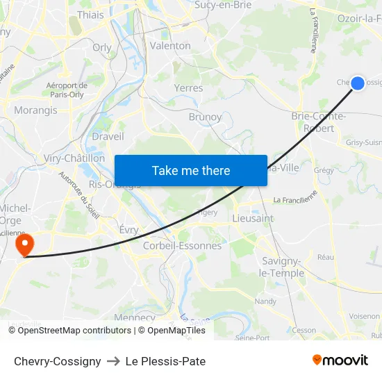 Chevry-Cossigny to Le Plessis-Pate map
