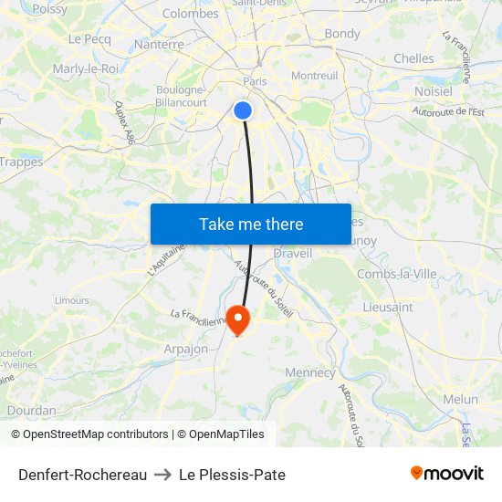 Denfert-Rochereau to Le Plessis-Pate map