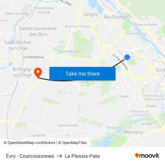 Évry - Courcouronnes to Le Plessis-Pate map