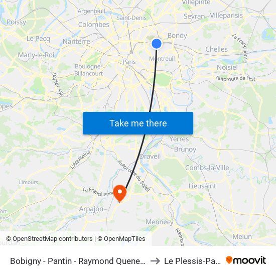 Bobigny - Pantin - Raymond Queneau to Le Plessis-Pate map