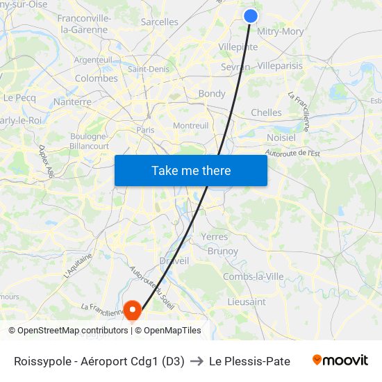 Roissypole - Aéroport Cdg1 (D3) to Le Plessis-Pate map