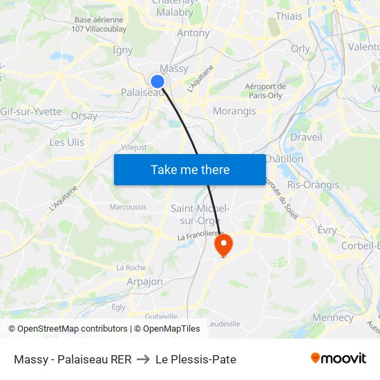 Massy - Palaiseau RER to Le Plessis-Pate map