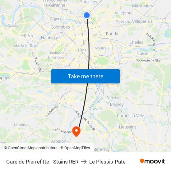Gare de Pierrefitte - Stains RER to Le Plessis-Pate map