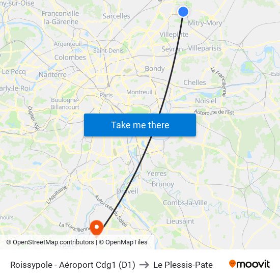 Roissypole - Aéroport Cdg1 (D1) to Le Plessis-Pate map