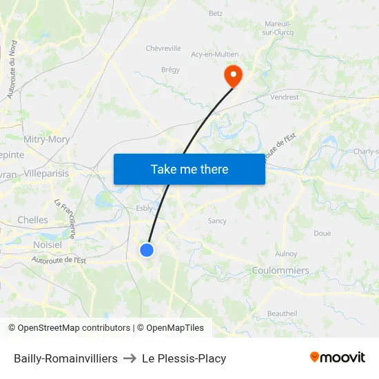 Bailly-Romainvilliers to Le Plessis-Placy map