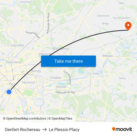 Denfert-Rochereau to Le Plessis-Placy map