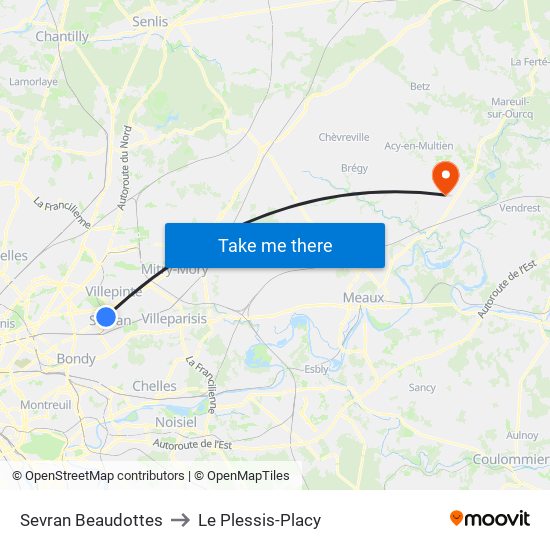 Sevran Beaudottes to Le Plessis-Placy map