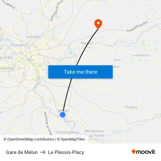 Gare de Melun to Le Plessis-Placy map