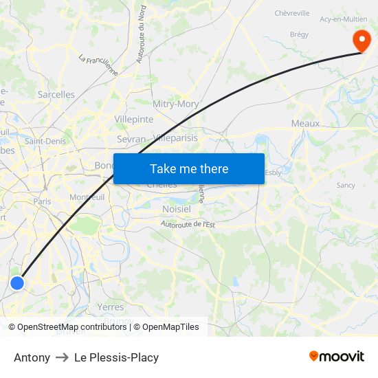 Antony to Le Plessis-Placy map