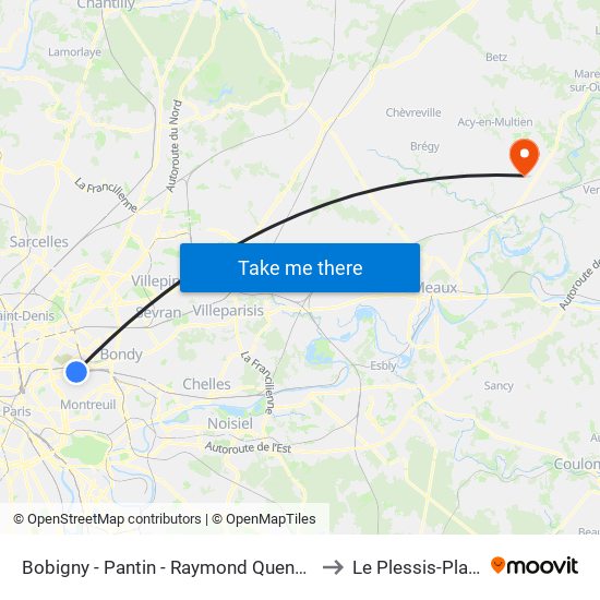 Bobigny - Pantin - Raymond Queneau to Le Plessis-Placy map