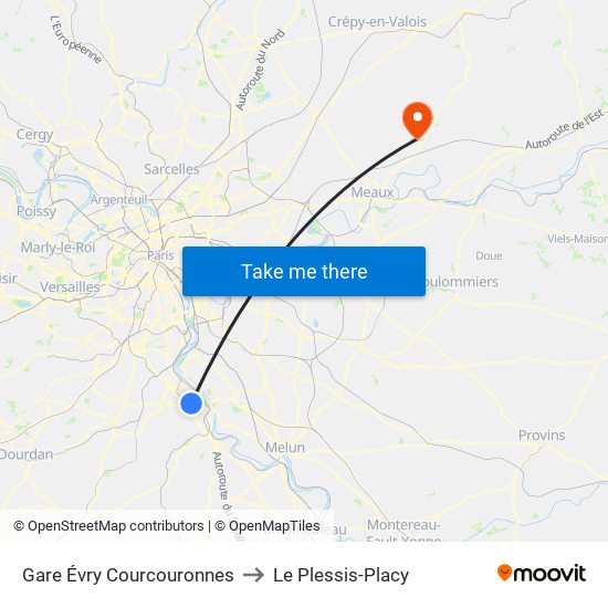 Gare Évry Courcouronnes to Le Plessis-Placy map