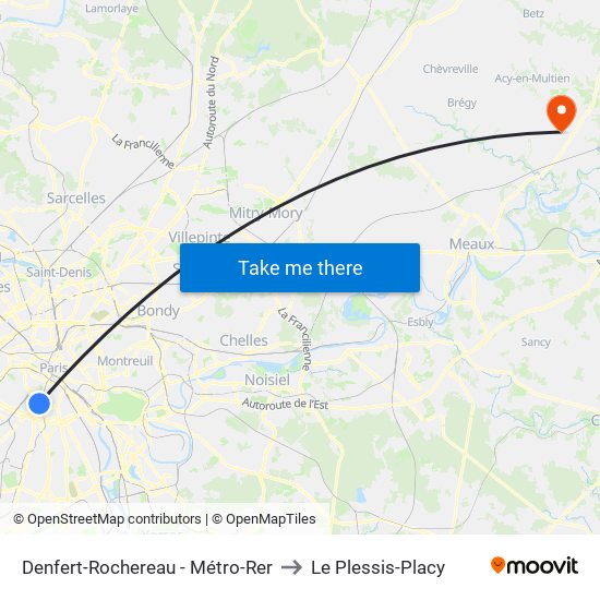 Denfert-Rochereau - Métro-Rer to Le Plessis-Placy map