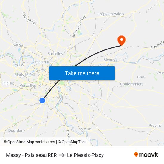 Massy - Palaiseau RER to Le Plessis-Placy map