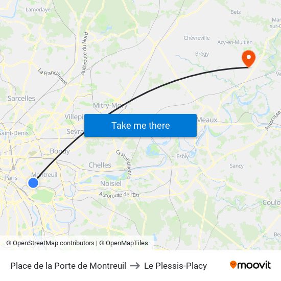 Place de la Porte de Montreuil to Le Plessis-Placy map