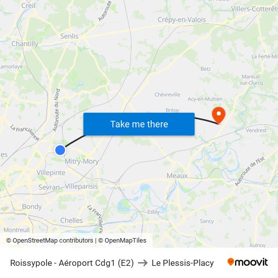 Roissypole - Aéroport Cdg1 (E2) to Le Plessis-Placy map