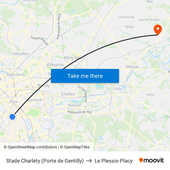 Stade Charléty (Porte de Gentilly) to Le Plessis-Placy map