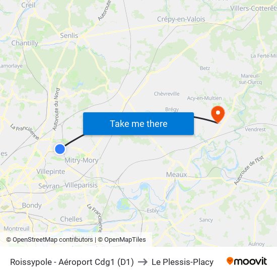 Roissypole - Aéroport Cdg1 (D1) to Le Plessis-Placy map