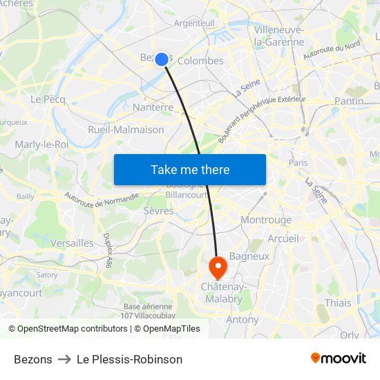 Bezons to Le Plessis-Robinson map