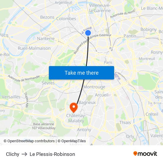 Clichy to Le Plessis-Robinson map