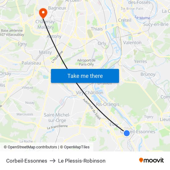 Corbeil-Essonnes to Le Plessis-Robinson map