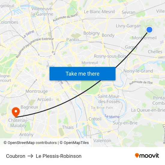 Coubron to Le Plessis-Robinson map