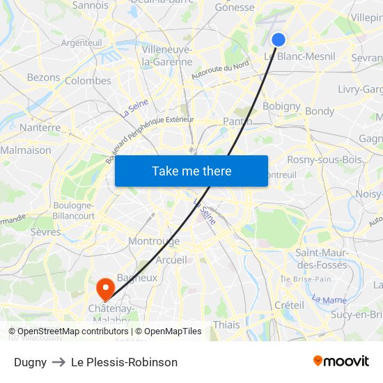 Dugny to Le Plessis-Robinson map