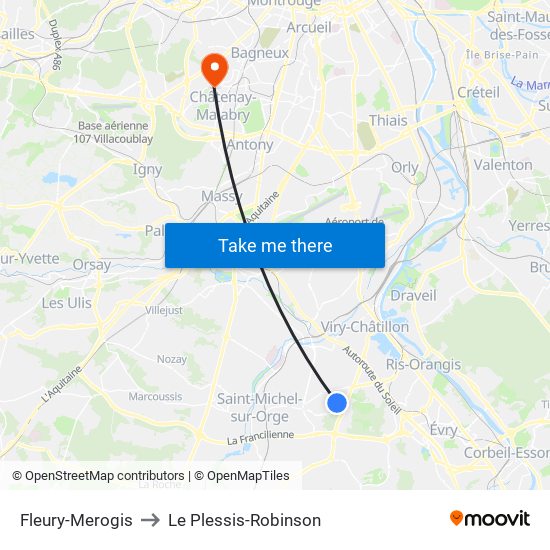 Fleury-Merogis to Le Plessis-Robinson map